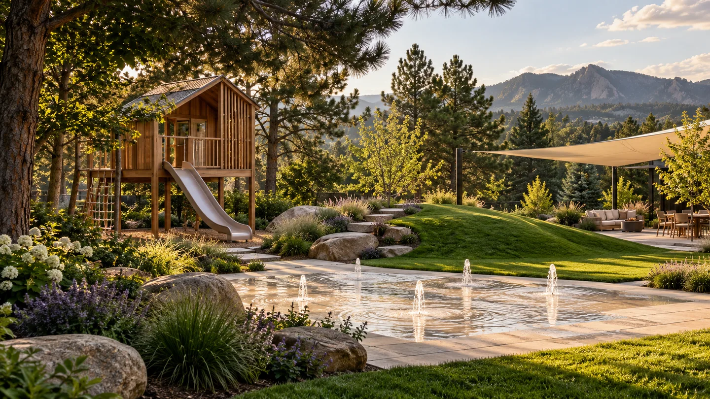 AI concept of a Kidscapes garden with a playhouse, grassy mound and splash pad