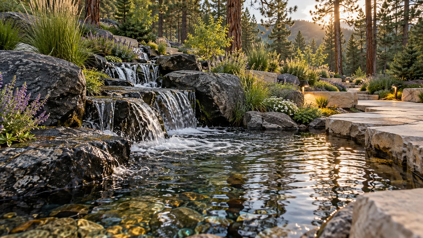 AI concept of a stone waterfall and garden stream